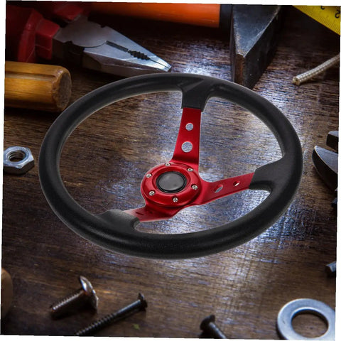 Universal 14 Inch PU Racing Steering Wheel for Cars Golf Carts and Trucks with Concave Red Grip on wooden table