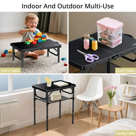 Two Foot Folding Camping Table With Storage Net Three Height Adjustable Lightweight Portable Table with toys, crafts, vanity setup