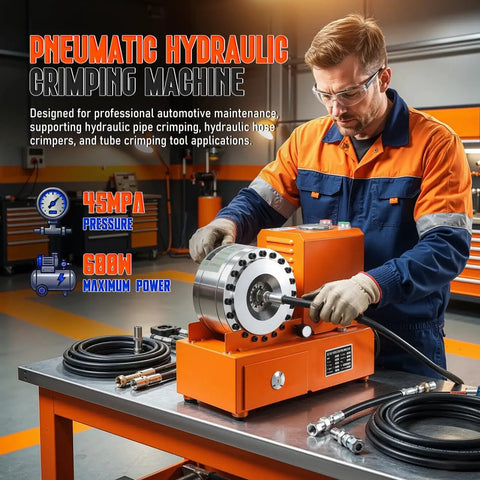 Heavy Duty 600W Electric Hydraulic Crimping Tool With Eight Interchangeable Dies For Hose Sizes From 3/8 To 1 1/4 Inch in use.