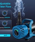 High Flow Submersible Pond Pump For Fountain Fish Pond And Waterfall Adjustable 600 To 1800 GPH 13 Ft Lift 100W