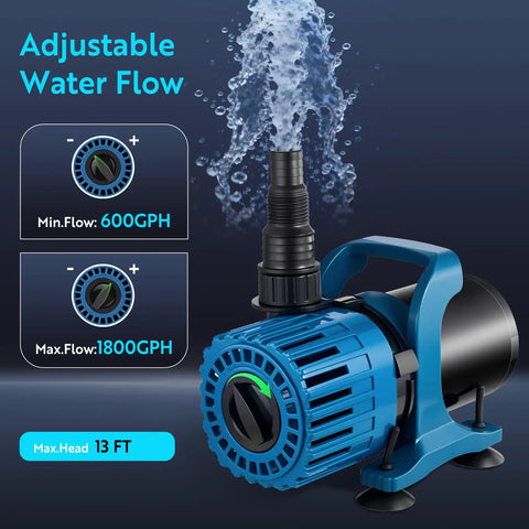 High Flow Submersible Pond Pump For Fountain Fish Pond And Waterfall Adjustable 600 To 1800 GPH 13 Ft Lift 100W