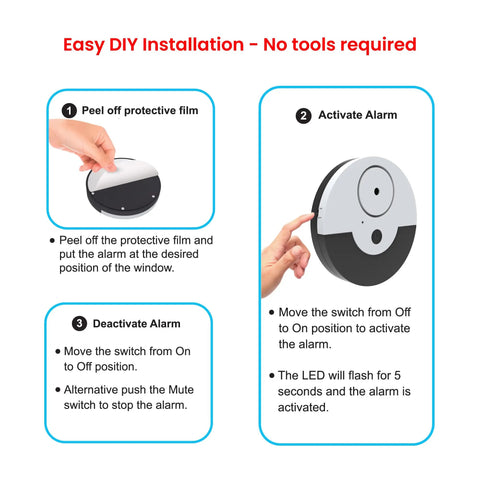 Six Pack Window Glass Break Alarm With Vibration Sensor For Home Office And RV Security, Detects Even The Lightest Shocks To Your Glass, Easy Install, Reliable Protection For Windows And Doors. DIY install steps with peel-off film and on/off switch