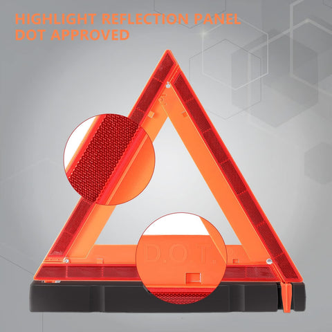 Close-up of DOT Approved Vehicle Safety Triangles showing reflective surface and markings, part of a three-pack with carry case.