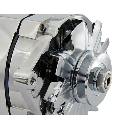 Close-up of One-Wire Self-Exciting 100 Amp Chrome Alternator For Chevy 305 350 SBC Street Rods Replaces 7127SECN100A 1100125.
