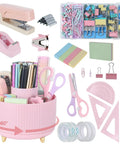Pink Desk Accessories Set With Rotating Pen Holder, Stapler, Tape Dispenser, Clips, and Scissors for Office Organization