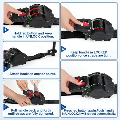 Instructional guide for Real Deal Heavy Duty Retractable Ratchet Straps Two Inch By Ten Feet Four Thousand Pound Break Strength Two Pack