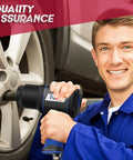 Mechanic using Half Inch Air Impact Wrench With 7000 RPM Free Speed, 1000 Nm Drive, on car tire, smiling at camera