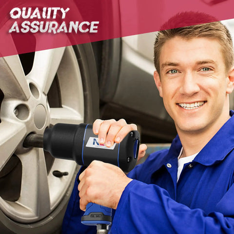 Mechanic using Half Inch Air Impact Wrench With 7000 RPM Free Speed, 1000 Nm Drive, on car tire, smiling at camera