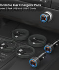 65 Watt Four Port Type C Car Charger Kit With Four Reinforced Usb C Cables, showing two car chargers and four cables in vehicle console.