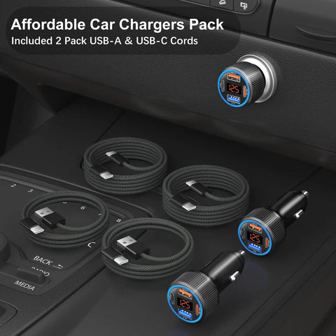 65 Watt Four Port Type C Car Charger Kit With Four Reinforced Usb C Cables, showing two car chargers and four cables in vehicle console.