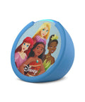 Echo Pop Kids Smart Speaker With Alexa Plus Showcasing Fresh Disney Princess Vibes, blue design with animated princesses.