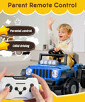 Child riding a 2 In 1 Ride On Car For Kids With Buildable Blocks For Hands On Building Fun Switchable Truck And Go Kart 12V Battery Powered Ride On Toy With Led Lights And Four Wheel Suspension For Smooth Outdoor Fun Blue with a parent controlling via remote control.