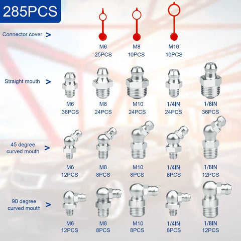 Variety of grease nipple fittings from the Grease Nipple Fittings Kit With Lubrication Connectors And Locking Caps For Industrial Machinery