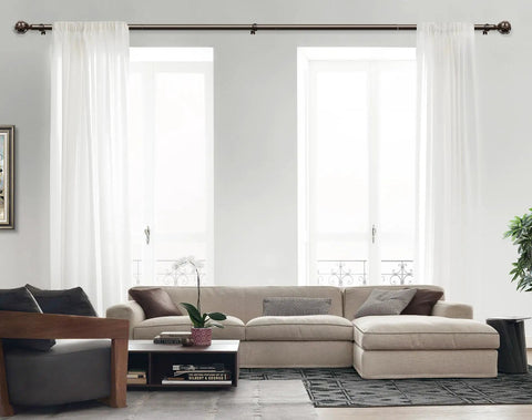 Living room with Heavy Duty Adjustable Curtain Rod Set Stretch From 32 To 144 Inches, 7/8 Inch Diameter Bronze Telescoping Rod