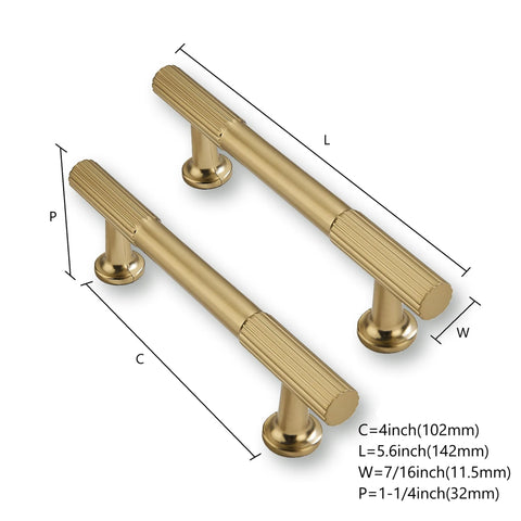 2 Pack 4 Inch Solid Zinc Alloy Kitchen Cabinet Handles In Brushed Gold Satin Brass Finish shown with dimensions