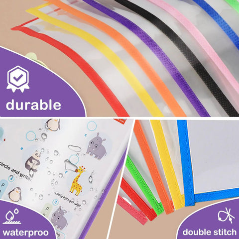 Colorful Dry Erase Pockets Set 6 Pack 10 By 13 Inch Reusable Plastic Sleeves shown with durable and waterproof features.