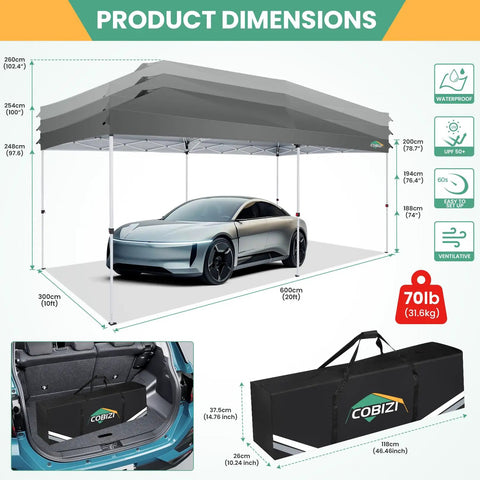 10x20 Pop Up Canopy Tent With One Push Easy Up Frame, 6 Removable Sidewalls, Built In Air Vent, Waterproof UV50 Plus covering car