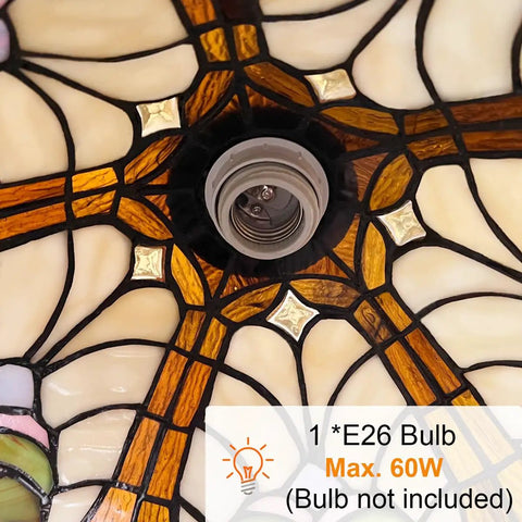 Close-up of Tiffany Style Stained Glass Reading Floor Lamp showing bulb socket and intricate handcrafted glass design.