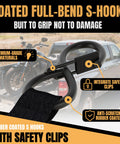 Close-up of rubber-coated S-hook from Beefy Heavy Duty Retractable Ratchet Straps 1 Inch By 12 Feet With 1760 Lbs Break Strength Cargo Securing System For Motorcycle UTV ATV And Trailer Black 4 Pack.
