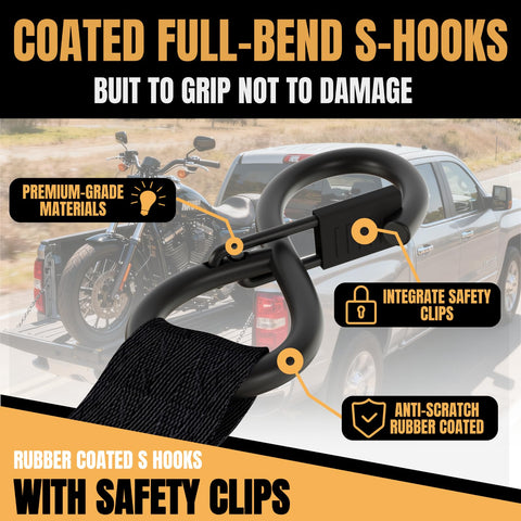 Close-up of rubber-coated S-hook from Beefy Heavy Duty Retractable Ratchet Straps 1 Inch By 12 Feet With 1760 Lbs Break Strength Cargo Securing System For Motorcycle UTV ATV And Trailer Black 4 Pack.