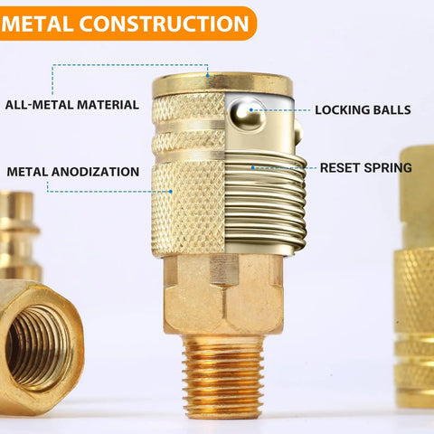 Brass Quick Connect Hose Fittings Set for Air Compressors, close-up on 1/4 inch copper plated quick connect with detailed annotations