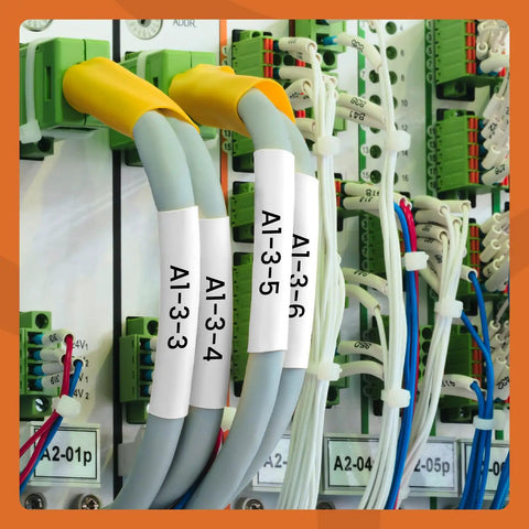 Heavy Duty 3/4 Inch Heat Shrink Label Tubes 18057 on organized electrical wiring with white labels showing identifies.