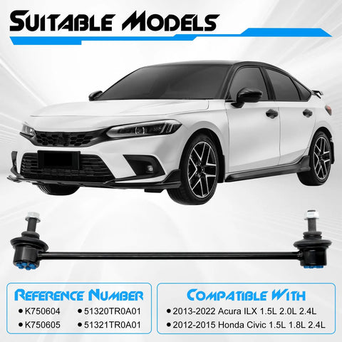2 Piece Front Sway Bar Link Kit For Honda Civic 2012 2015 And Acura ILX 2013 2022 with steel bushings displayed with car