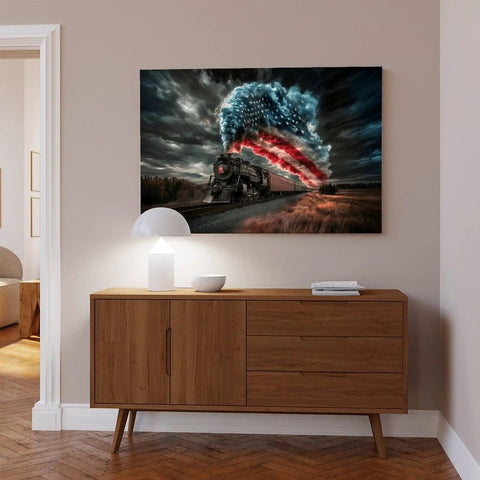 All American Vintage Train Canvas Print With American Flag Steam Locomotive in living room setting, 18x12 inch wall art