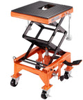 Hydraulic Motorcycle Lift Table With Wide Deck 350 Lbs Capacity Foot Operated Jack For Dirt Bikes And ATVs J Hooks 4 Wheels Heavy Duty