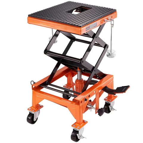Hydraulic Motorcycle Lift Table With Wide Deck 350 Lbs Capacity Foot Operated Jack For Dirt Bikes And ATVs J Hooks 4 Wheels Heavy Duty
