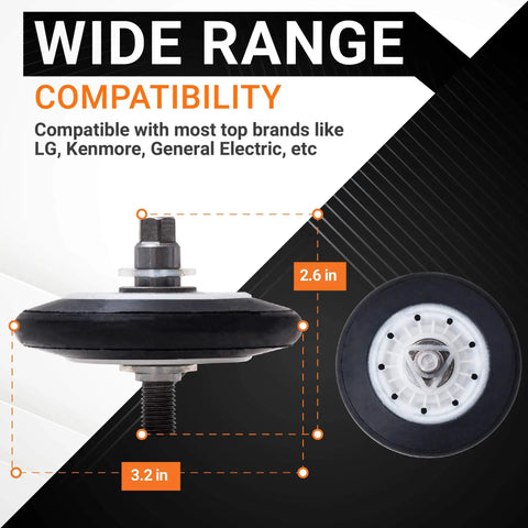 Ultra Durable 4581EL2002C Dryer Drum Roller Assembly dimensions and compatibility shown for LG and Kenmore dryers