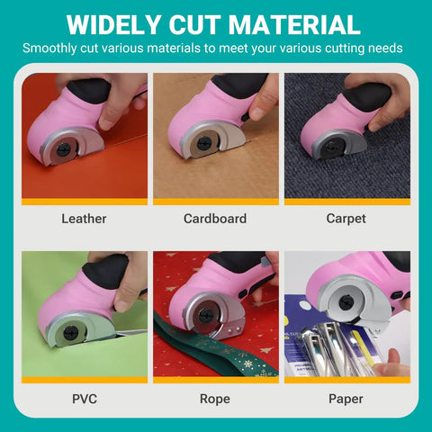 Cordless Electric Scissors With Safety Lock, The Ultimate Mini Rotary Cutter For Cardboard, Leather, Felt, Fabric, Rug, Vinyl, Paper And More, 4.2V Portable Shears In Pink cutting through various materials like cardboard, leather, and carpet