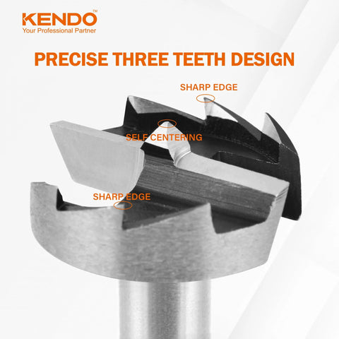 KENDO Forstner bit, alloy steel; close-up view of sharp edge and self-centering teeth.