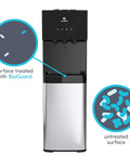 Bottom Loading Water Cooler Dispenser With Three Temperature Settings Hot Cold And Room Water No Fuss Stainless Steel Cabinet UL Energy Star Approved, highlighting treated and untreated surfaces with BioGuard
