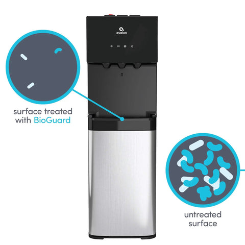 Bottom Loading Water Cooler Dispenser With Three Temperature Settings Hot Cold And Room Water No Fuss Stainless Steel Cabinet UL Energy Star Approved, highlighting treated and untreated surfaces with BioGuard