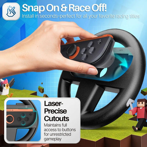 Switch 2 Steering Wheel Racing Accessory Kit For Mario Kart And Racing Games Dual Grip Handle Attachments for Joy-Con Controllers shown being attached.