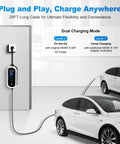 Snappy Plug And Play 16A Level 1 And 2 Electric Vehicle Charger With Chill Smart Lcd Display charging a car with a 25ft cable.