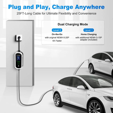 Snappy Plug And Play 16A Level 1 And 2 Electric Vehicle Charger With Chill Smart Lcd Display charging a car with a 25ft cable.