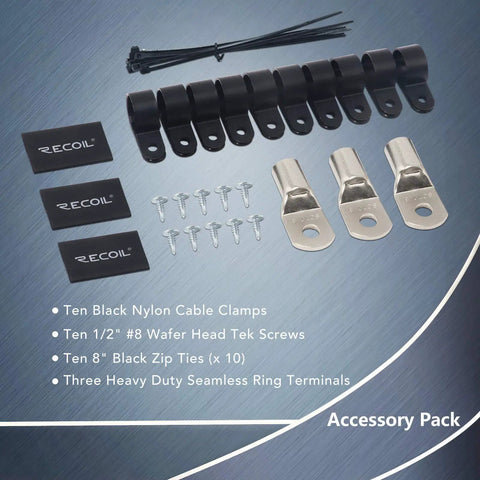 Heavy Duty One Zero Gauge True Spec OFC Wiring Kit For Big Three Audio Upgrade featuring ten black nylon cable clamps and accessories.