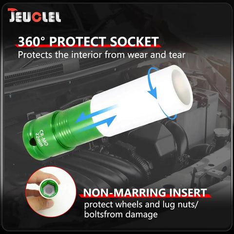 22mm Thin-Wall Wheel Protector Impact Socket with non-marring insert shown in vehicle engine bay, CR-MO steel, half-inch drive