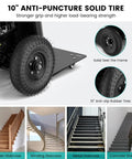 Close-up of 10" anti-puncture solid tire on Electric Stair Climbing Dolly And Foldable Hand Truck With 1200W Motor Touch Control Panel.
