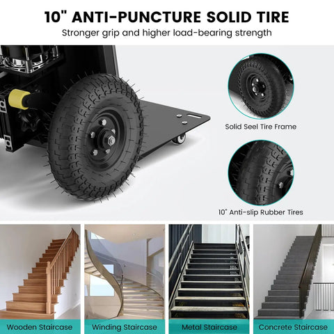 Close-up of 10" anti-puncture solid tire on Electric Stair Climbing Dolly And Foldable Hand Truck With 1200W Motor Touch Control Panel.