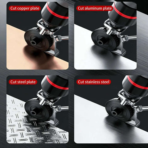 Using Titanium Drill Nibbler Sheet Metal Cutter Attachment for cutting copper, aluminum, steel, and stainless steel plates