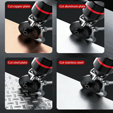 Heavy Duty Titanium Drill Nibbler Attachment For Sheet Metal Cutting on various metal plates including copper, aluminum, steel, and stainless steel.