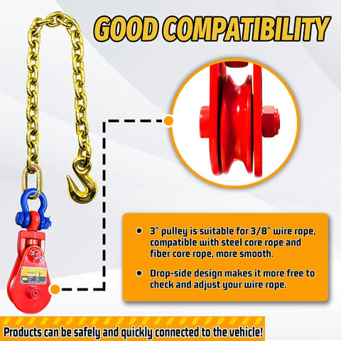 Beefed Up Snatch Block With Chain 2 Ton WLL Heavy Duty Snatch Block Pulley For Three Eighth Inch Wire Rope Towing And Recovery For Rollback Wrecker Car Carrier Tow Truck Accessories, red pulley with chain