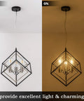 Geometric Black Chandelier With Chrome Finish Vintage Mid Century Modern 3 Light Farmhouse Ceiling Light Fixture, on and off