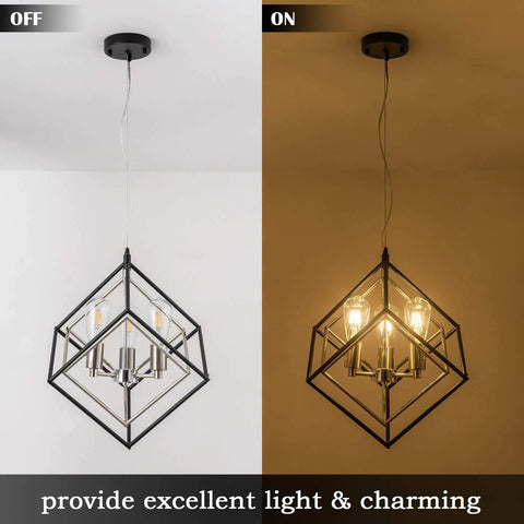 Geometric Black Chandelier With Chrome Finish Vintage Mid Century Modern 3 Light Farmhouse Ceiling Light Fixture, on and off
