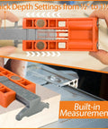 All In One Twin Pocket Hole Jig Kit With 11 Inch Clamp showing depth settings and built-in measurements for carpentry.