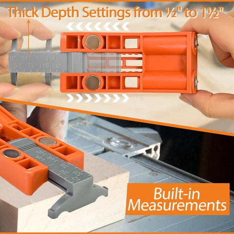 All In One Twin Pocket Hole Jig Kit With 11 Inch Clamp showing depth settings and built-in measurements for carpentry.