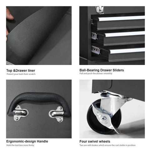 Close-up features of Rolling Garage Tool Cabinet With Detachable Three Drawer Chest Large Storage Cabinet And Adjustable Shelf Black Heavy Duty Steel Mobile Tool Organizer For Home Workshop including drawer liner, ball-bearing sliders, ergonomic handle, and swivel wheels.
